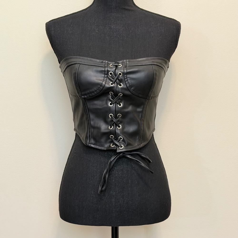 Zara Womens S Black Faux Leather Lace Up Corset Bustier Top Strapless Crop Goth